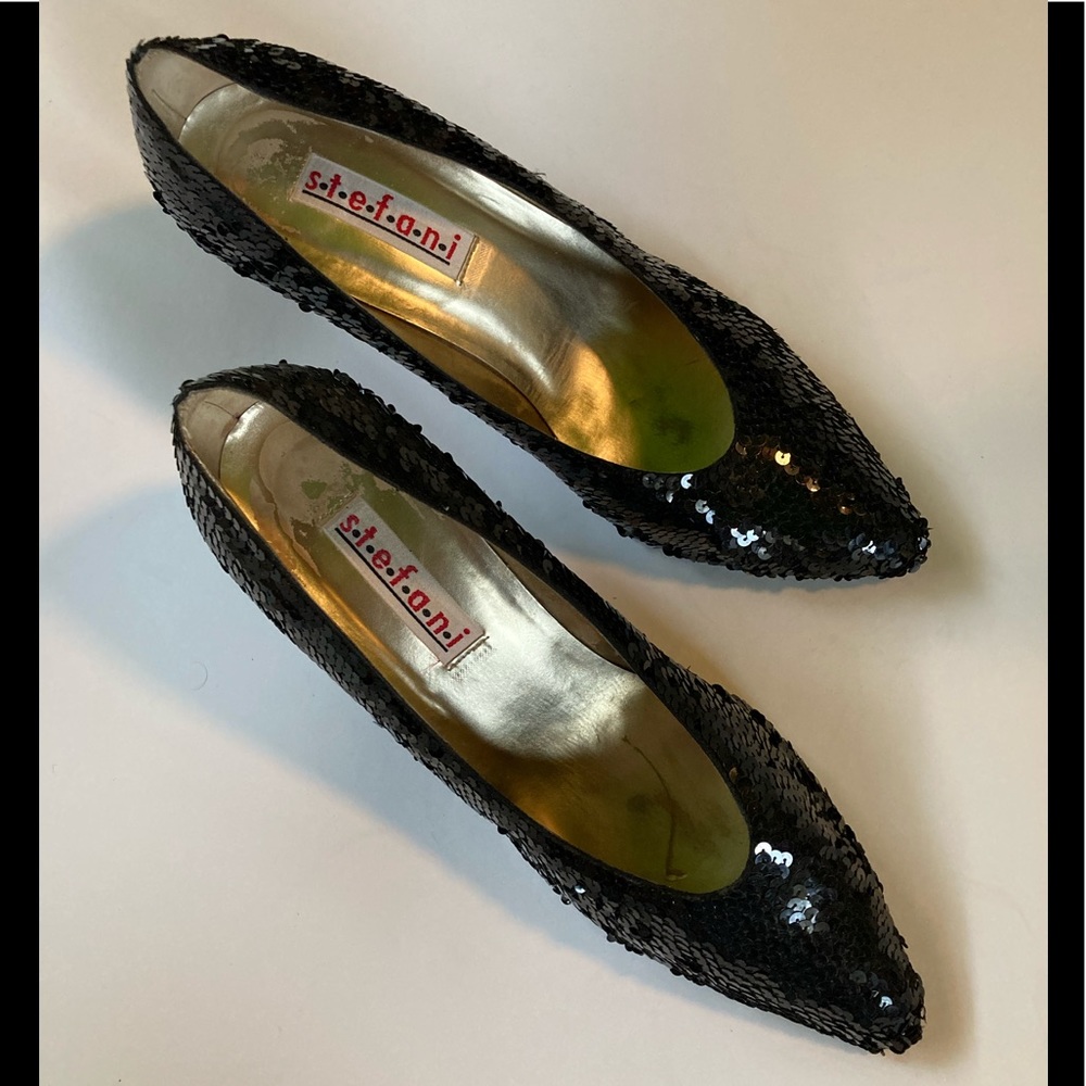 Stefani black sequin/satin heels, 11M, $40.